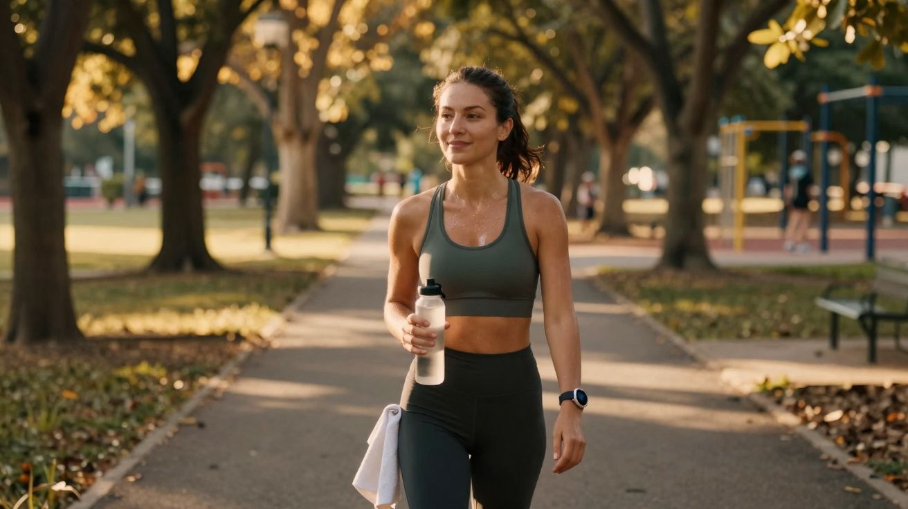 Frau in Sportkleidung läuft im Park mit Wasserflasche und Handtuch bei goldenem Abendlicht.