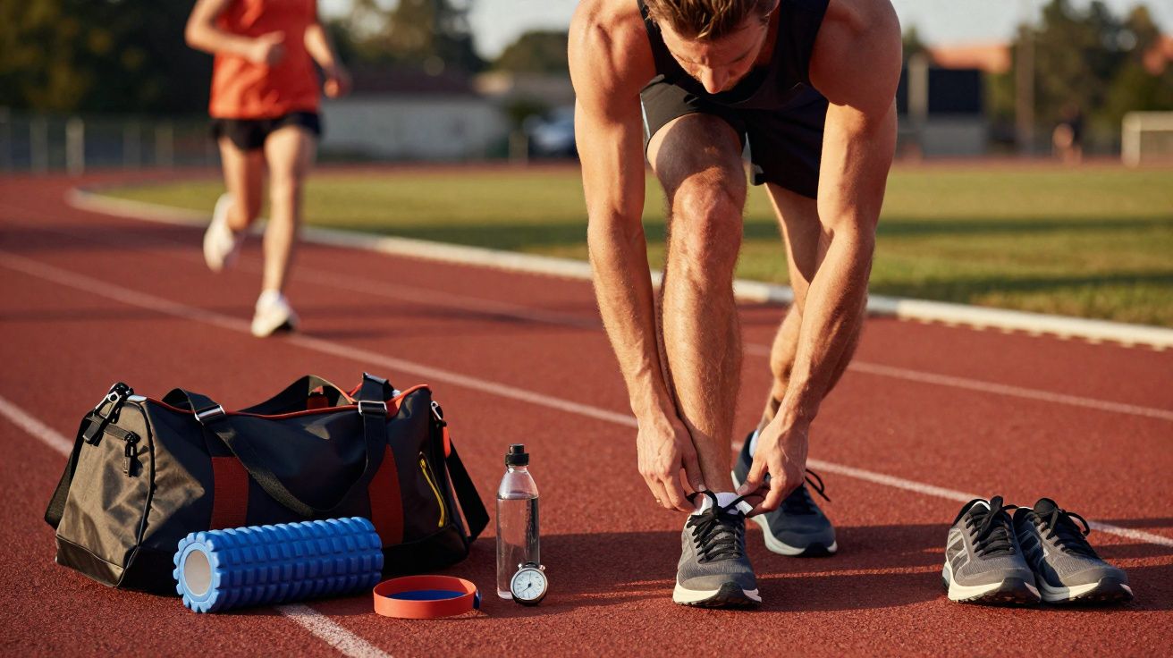 Mann bindet seine Laufschuhe auf einer Tartanbahn, neben Sporttasche, Wasserflasche und Trainingsrolle.