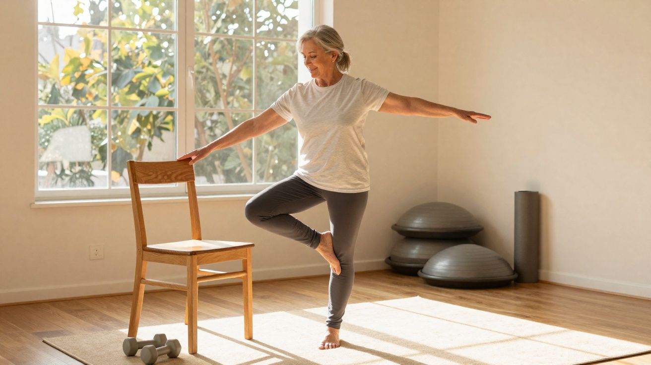 Ältere Frau macht Balancierübung mit einem Stuhl in einem hellen, sonnigen Raum mit Yogamatte und Hanteln.