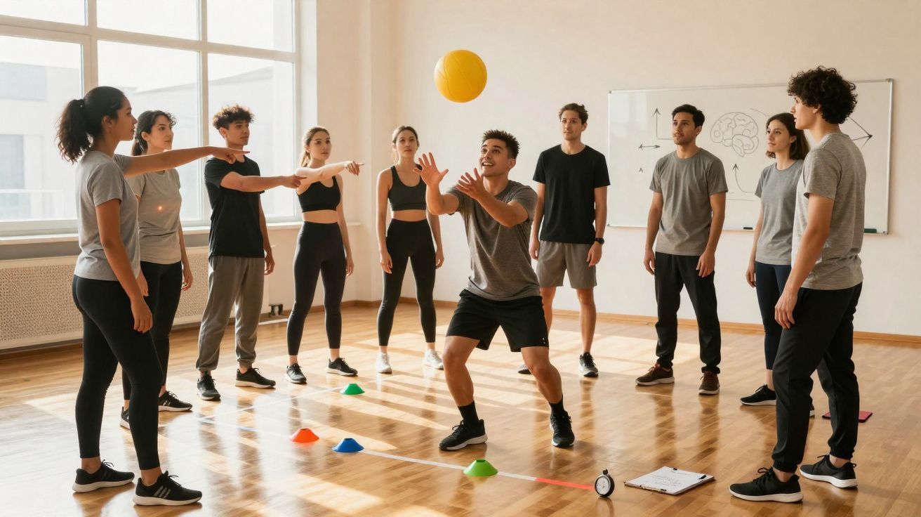 Junge Leute trainieren in Sportkleidung in einem hellen Raum mit einem gelben Ball und Markierungskegeln.