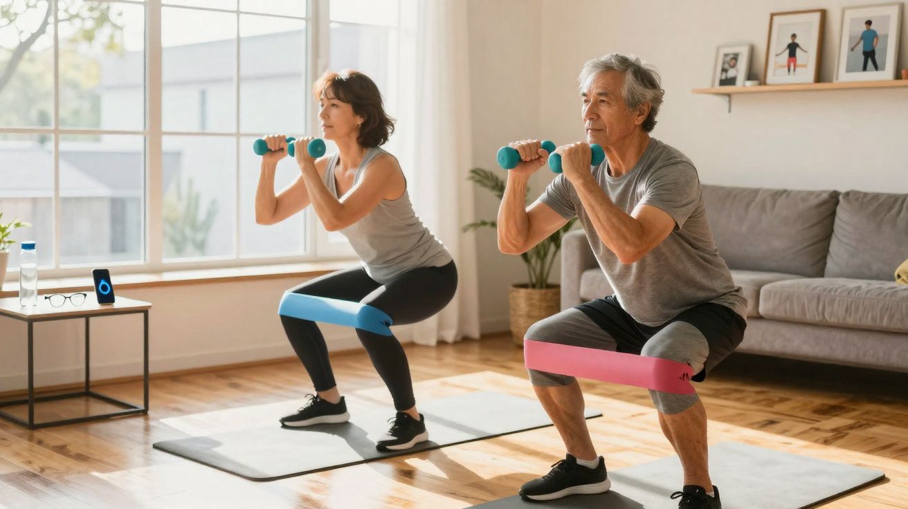 Älteres Paar macht zuhause Übungen mit Kurzhanteln und Widerstandsbändern auf Yogamatten im Wohnzimmer.