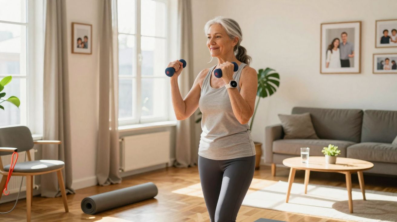 Ältere Frau macht mit Hanteln fitnesstraining zu Hause im hellen Wohnzimmer.
