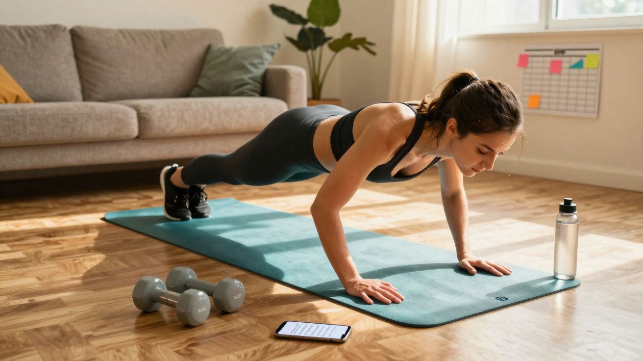 Frau macht Liegestütze auf Gymnastikmatte im Wohnzimmer, mit Hanteln, Smartphone und Wasserflasche daneben.