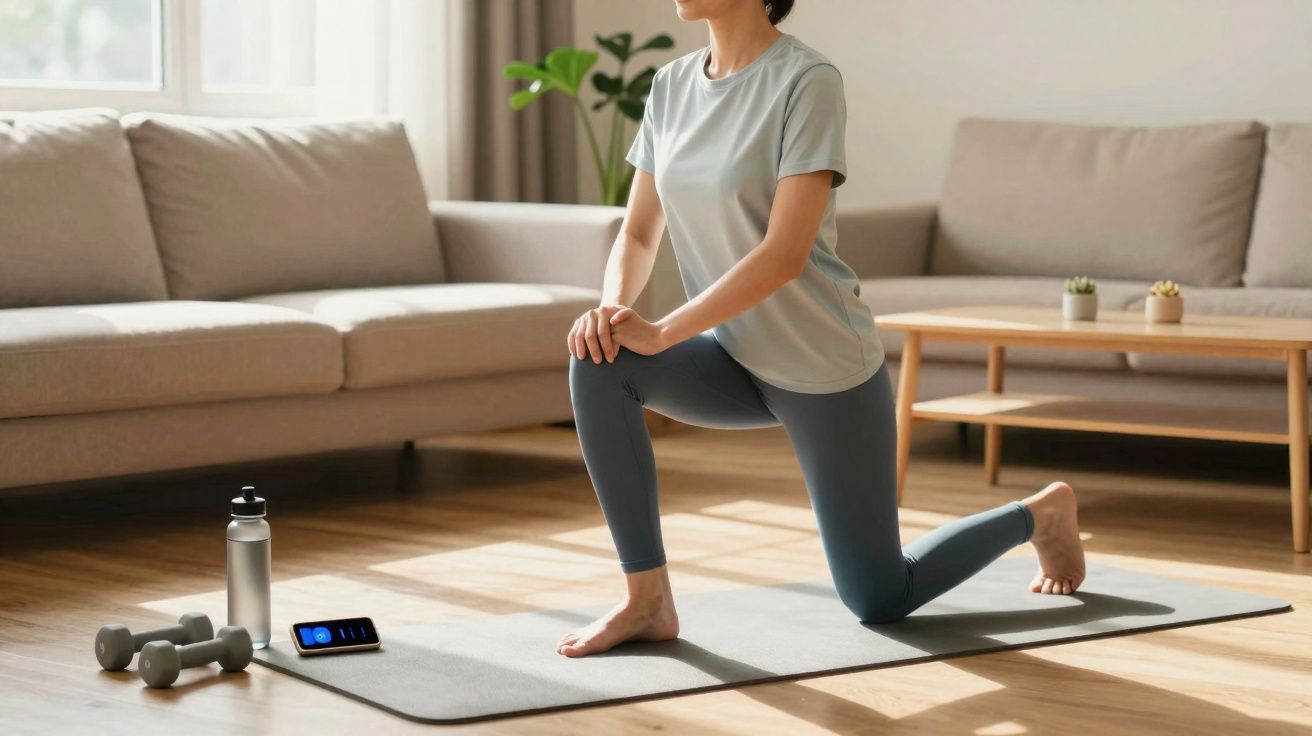 Frau macht Yoga-Dehnübung auf Matte im Wohnzimmer, neben Hanteln, Wasserflasche und Smartphone.