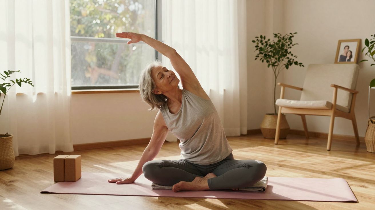 Ältere Frau macht Yoga-Dehnübung auf einer Matte in hellem, gemütlichem Wohnzimmer mit Pflanzen.