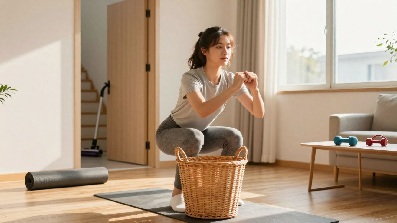 Frau macht Kniebeugen auf Yogamatte im Wohnzimmer mit Wäschekorb als Fitnessgerät.