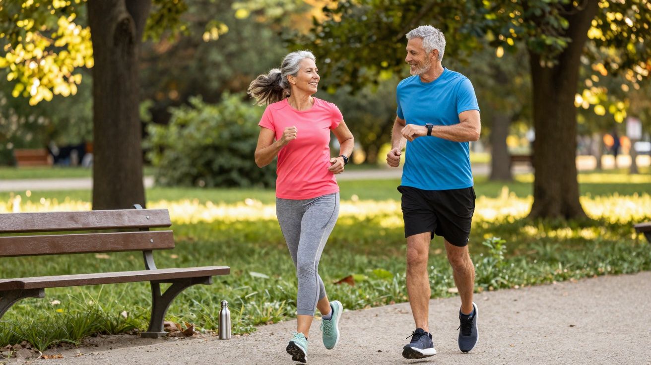 Älteres Paar joggt zusammen auf einem Weg im sonnigen Park, lachend und in Sportkleidung.