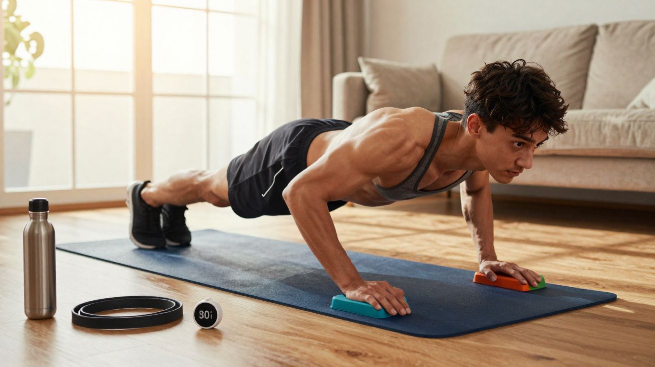 Junger Mann macht Liegestütze auf Matte im Wohnzimmer mit Fitness-Equipment und Wasserflasche daneben.