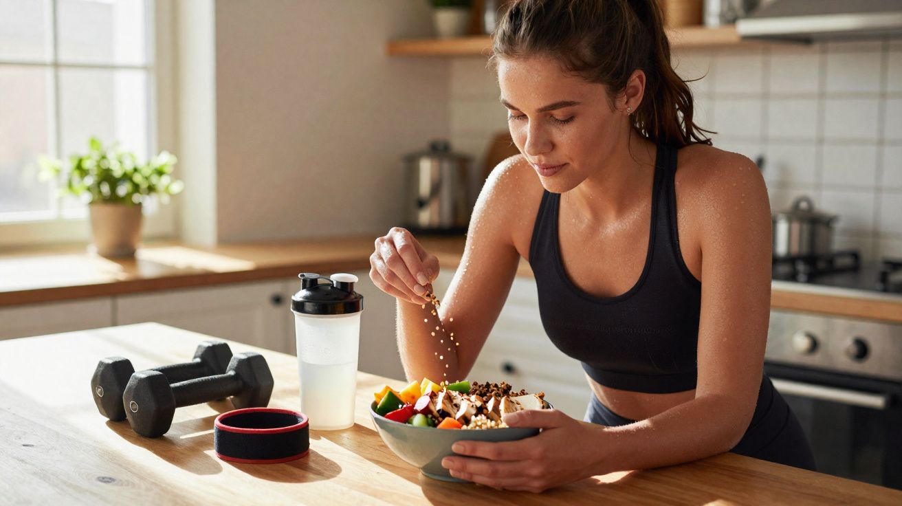Frau in Sportkleidung isst gesunden Salat in Küche, mit Hantel, Shaker und Fitnessband auf Tisch.