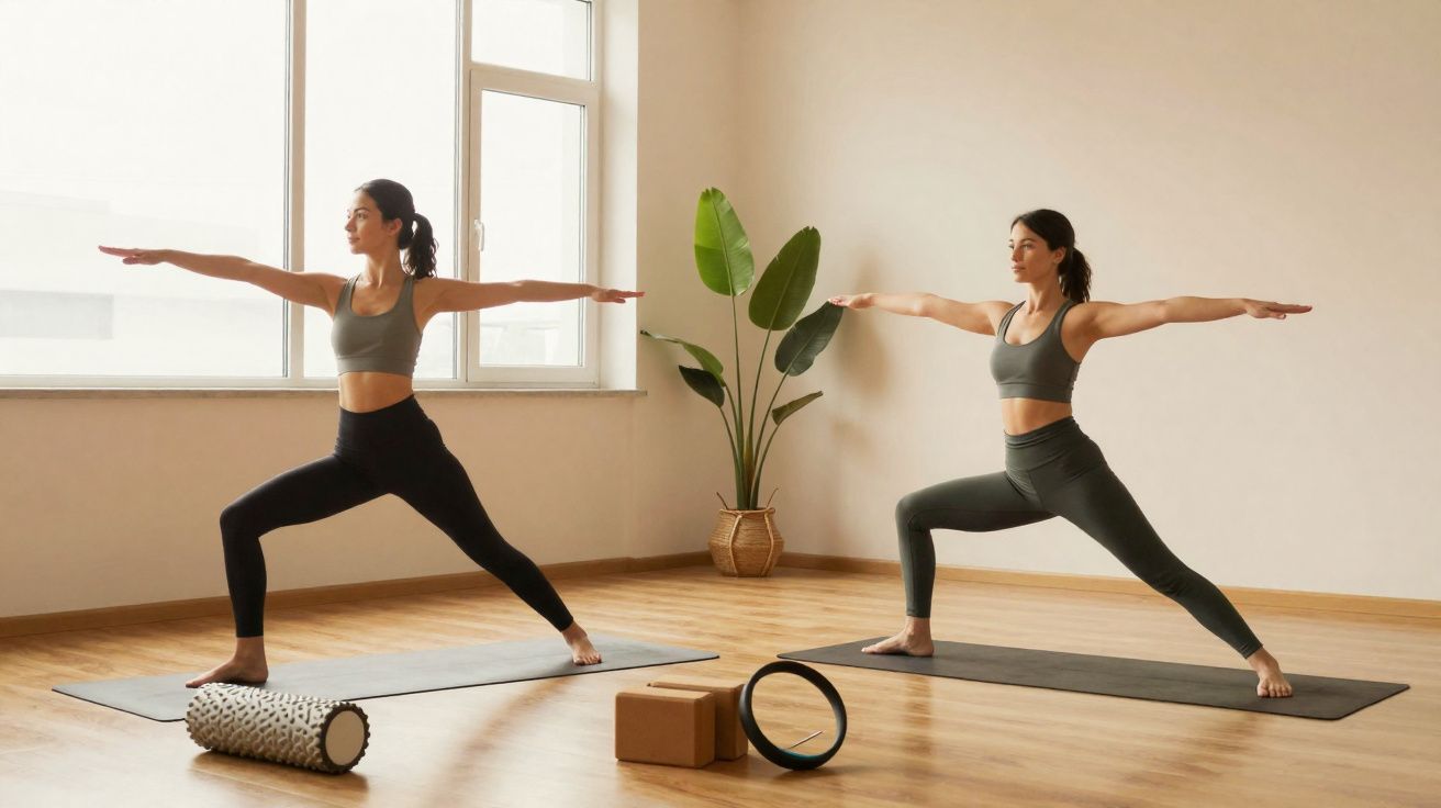 Zwei Frauen machen Yoga in einem hellen Raum, in der Krieger-II-Position auf Yogamatten.