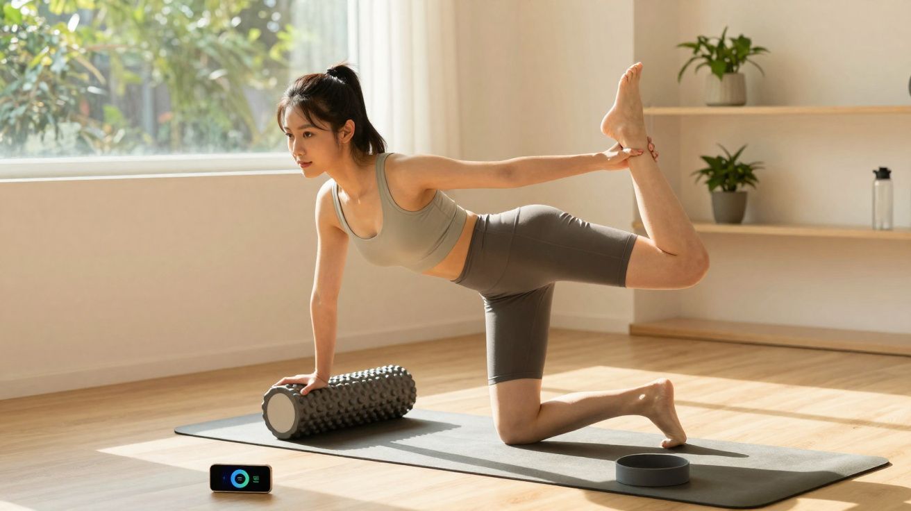 Frau macht Yogaübung mit Schaumstoffrolle und Yogamatte in hellem Raum mit Pflanzen.