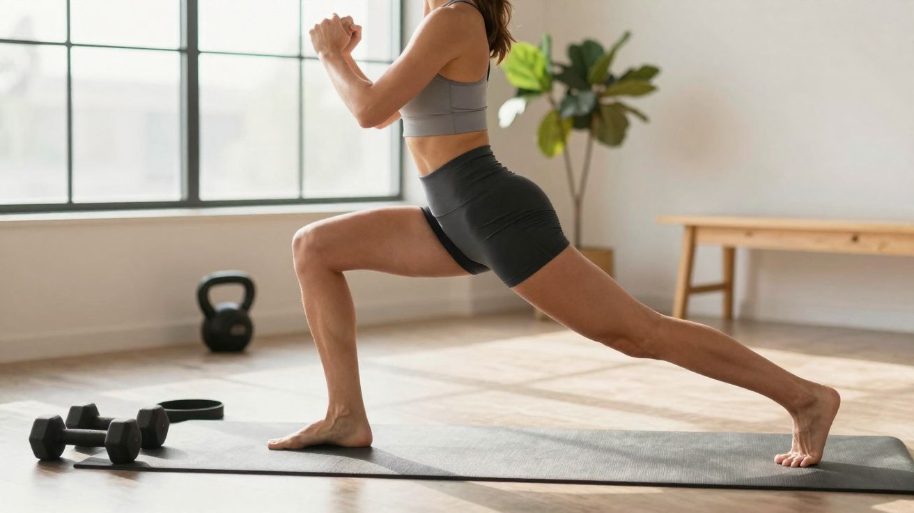 Frau macht Ausfallschritt auf Fitnessmatte in hellen Raum mit Hanteln und Kettlebell im Hintergrund.