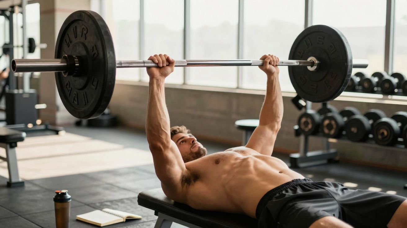 Mann leiht im Fitnessstudio Schwergewicht auf der Flachbank, Hanteln und Trinkflasche im Hintergrund.