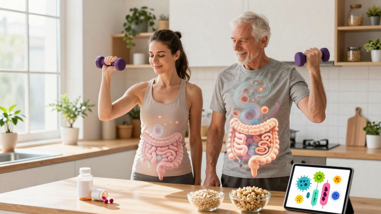 Junges Paar trainiert mit Hanteln in der Küche, dargestellt mit hervorgehobenen Darmsystemen und Mikrobiom auf Tablet.