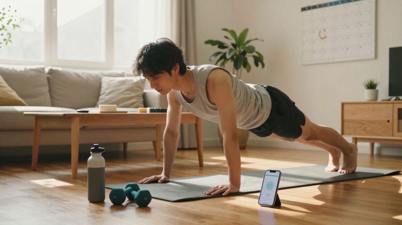 Junger Mann macht Liegestütze auf Yogamatte im Wohnzimmer, neben Hanteln und Wasserflasche, Smartphone steht.