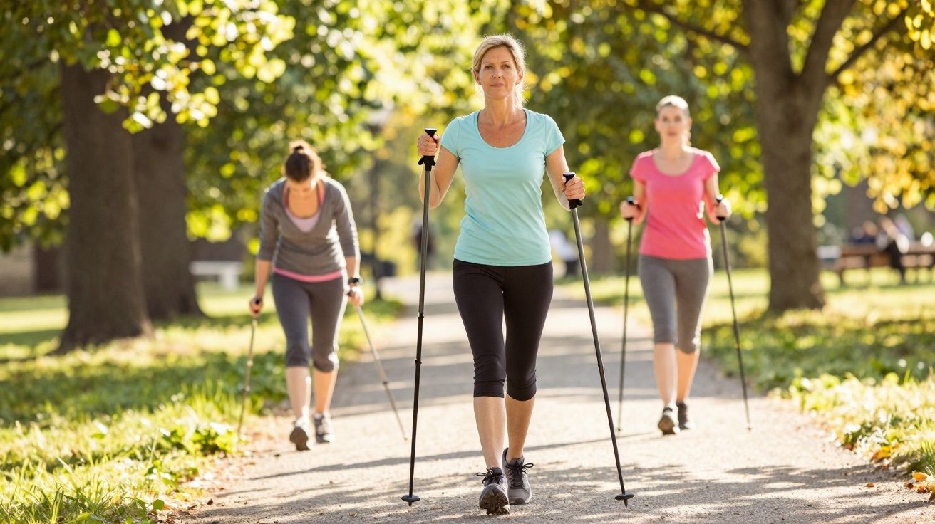 Drei Frauen beim Nordic Walking auf einem sonnigen Waldweg mit grünen Bäumen im Hintergrund.
