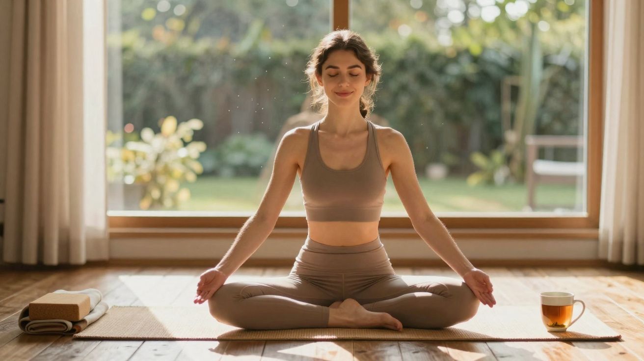Frau in Sportkleidung meditiert im Schneidersitz auf Yogamatte vor grossem Fenster mit Gartenblick.